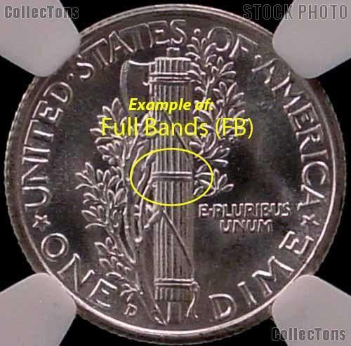 Close-up of 1938 Mercury dime reverse fasces showing fully separated Full Bands designation on the central horizontal bands