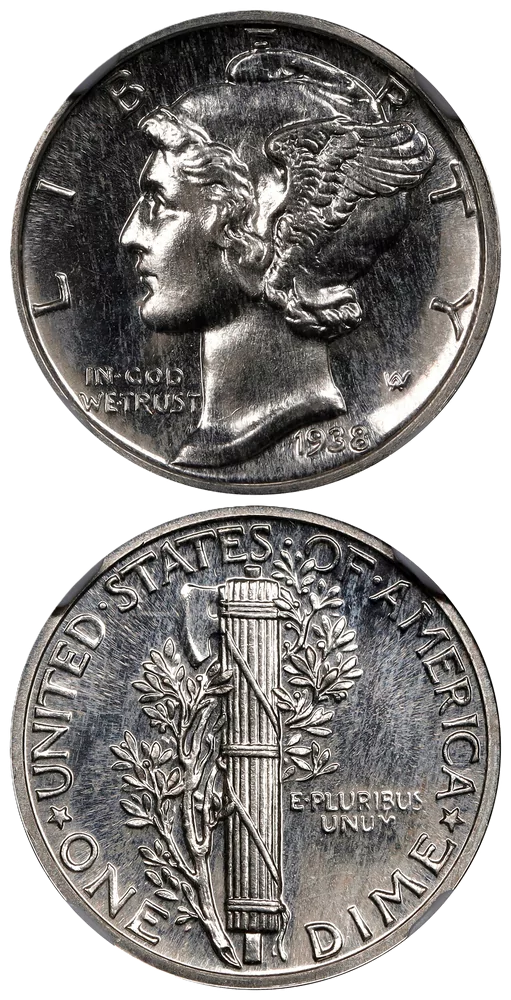 1938 Philadelphia Proof Mercury dime showing mirror-like fields and frosted Liberty head device, housed in NGC slab