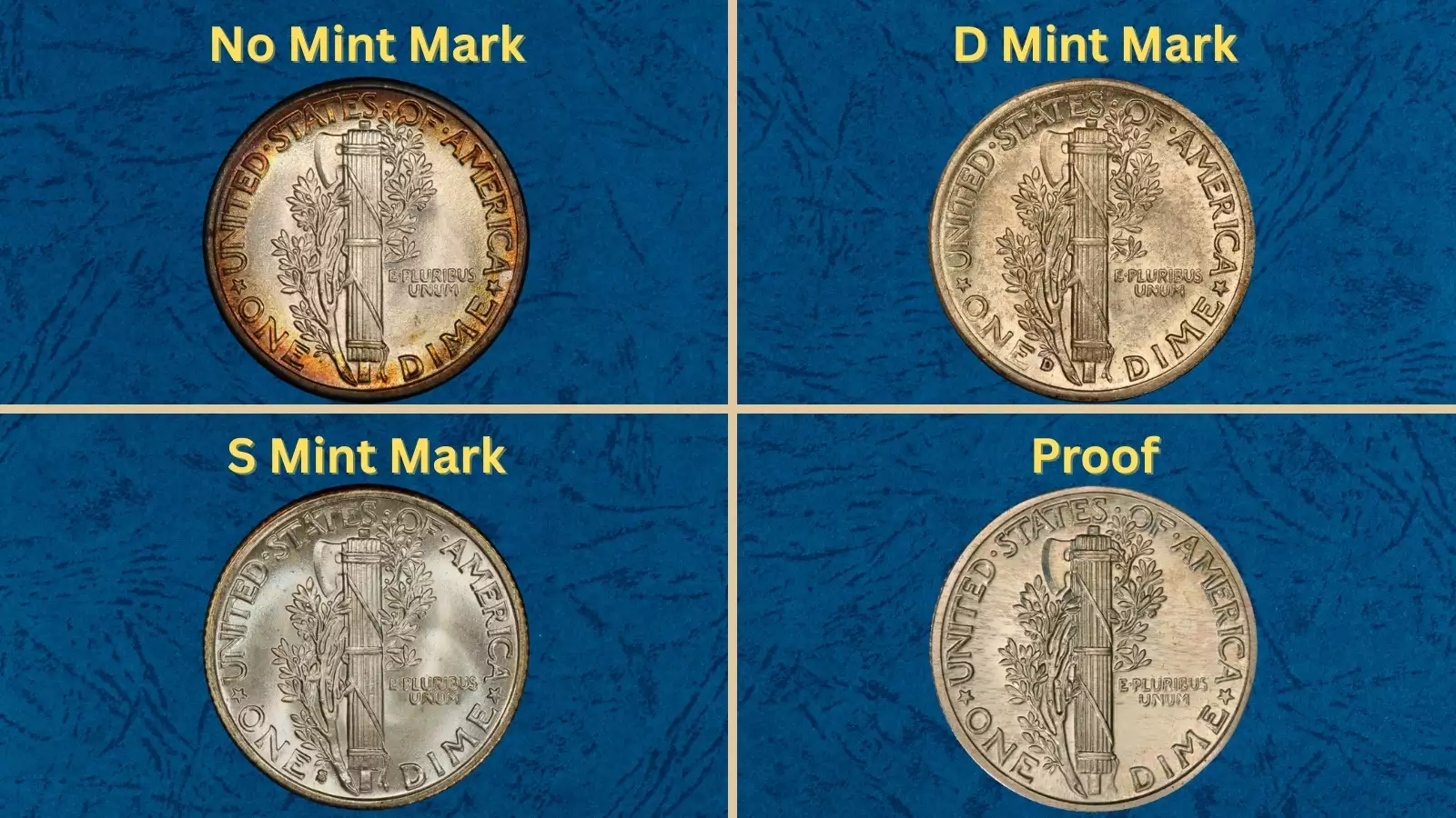 Group of 1938 Mercury dimes arranged from worn to gem uncirculated showing various grades and mint marks