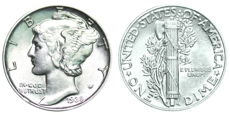 Grading strip showing four 1938 Mercury dimes from Good condition worn on the left to Gem Mint State uncirculated on the right for grade comparison